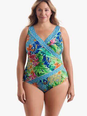 Longitude Long Torso Piped Side Shirred Surplice One Piece - Boca Rato Sz 20 NWT